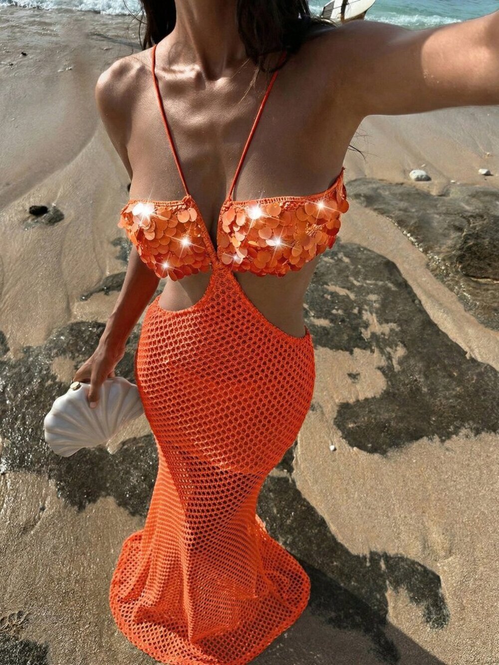 Coral Orange Sexy Women's Knitted Beaded Embroidered Dress